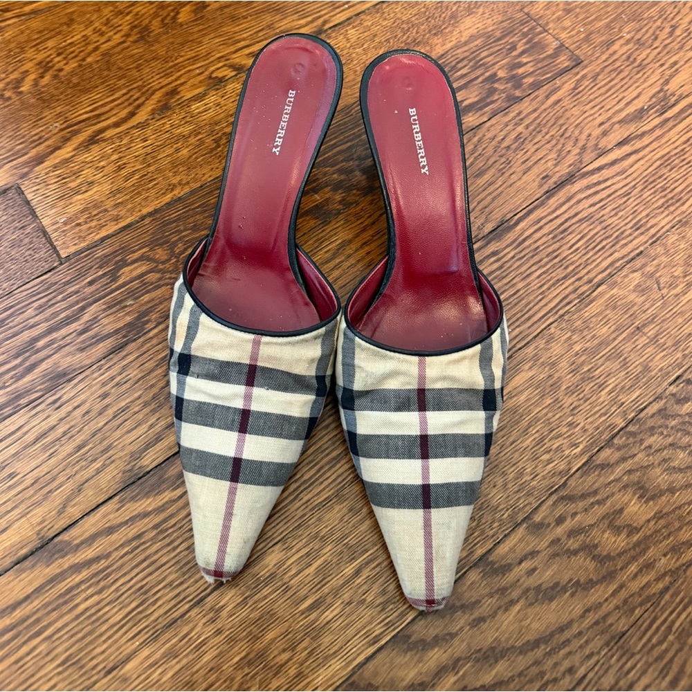 Burberry Beige Plaid Pointed-Toe Mules with Red Insole